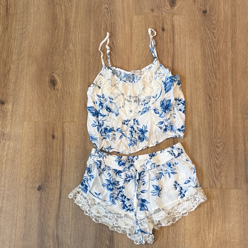 Lace-Trim Blue Floral Cami & Short Sleep Set